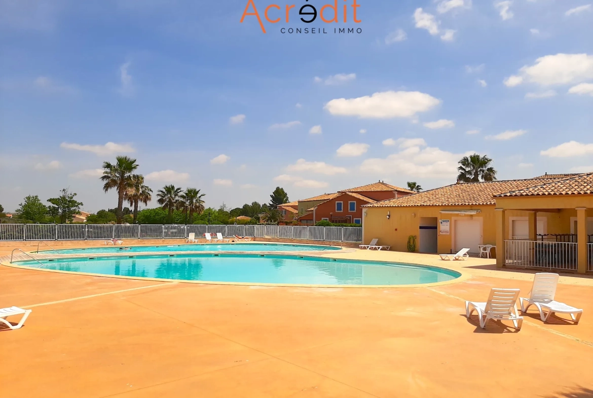 Pavillon T3 à Béziers avec piscine, terrasse et parking en résidence sécurisée 