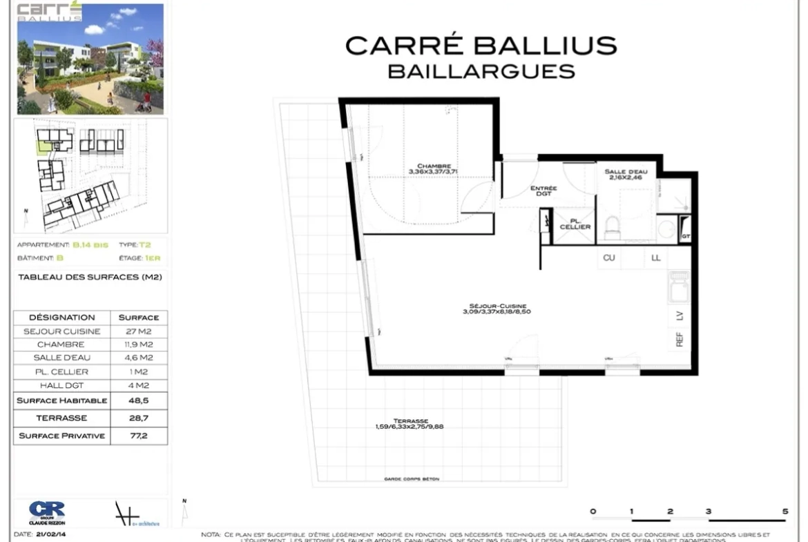 À vendre appartement T2 de 48,50 m² avec terrasse à Baillargues 