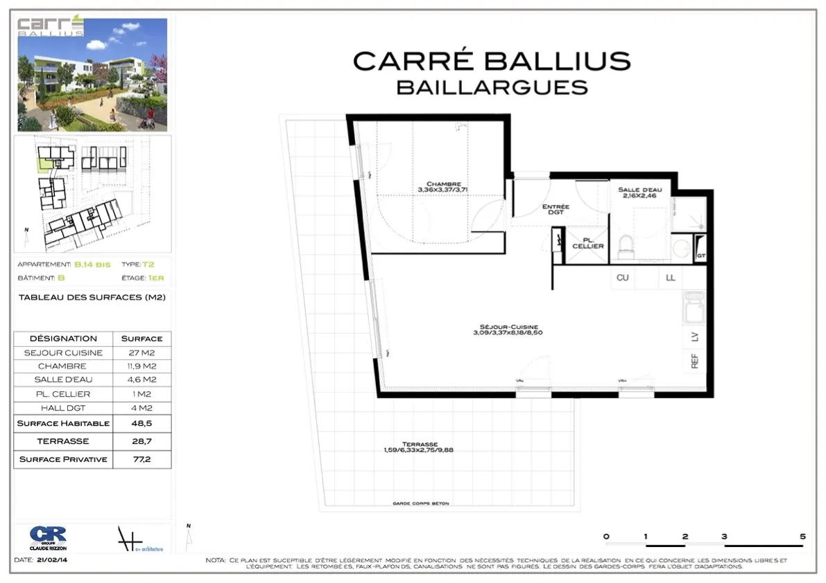 À vendre appartement T2 de 48,50 m² avec terrasse à Baillargues 