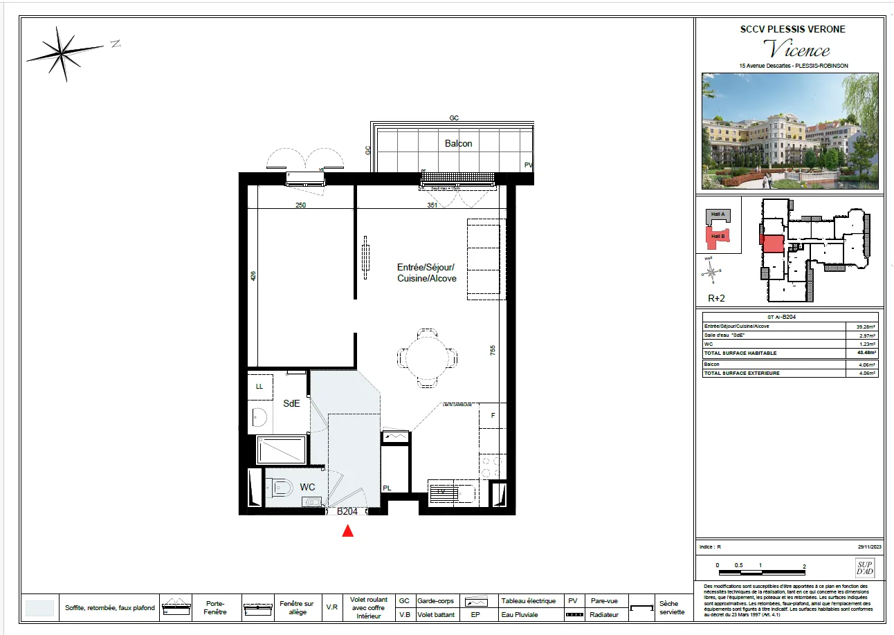 À vendre appartement 2 pièces de 43,48 m² avec balcon au Plessis-Robinson 
