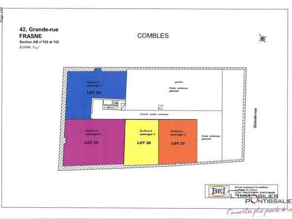 Combles à aménager de 115 m² à Frasne, potentiel de rénovation, 3 velux, central dans le village 