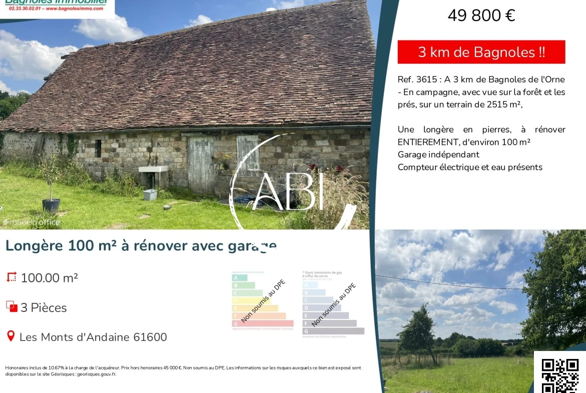 Longère en pierre à rénover avec vue sur la forêt et garage en campagne - 100 m² 