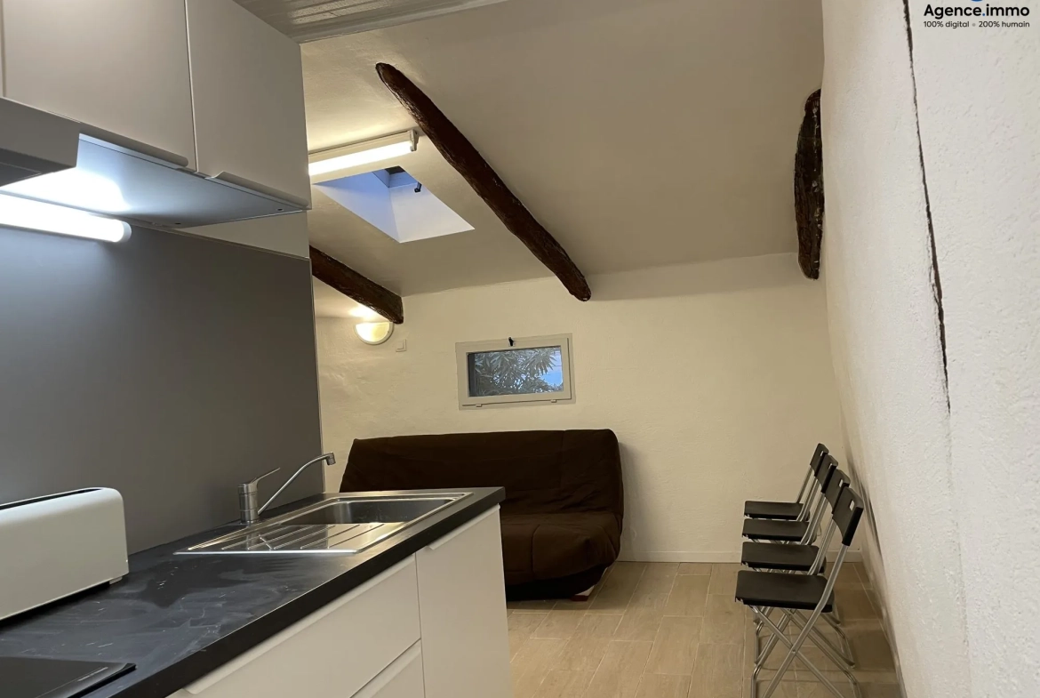 Cuisine_séjour_appartement_36m²_Béziers_centre_ville_5 Appartement T1 rénové 35,35 m² à Béziers - Dernier étage avec vue 