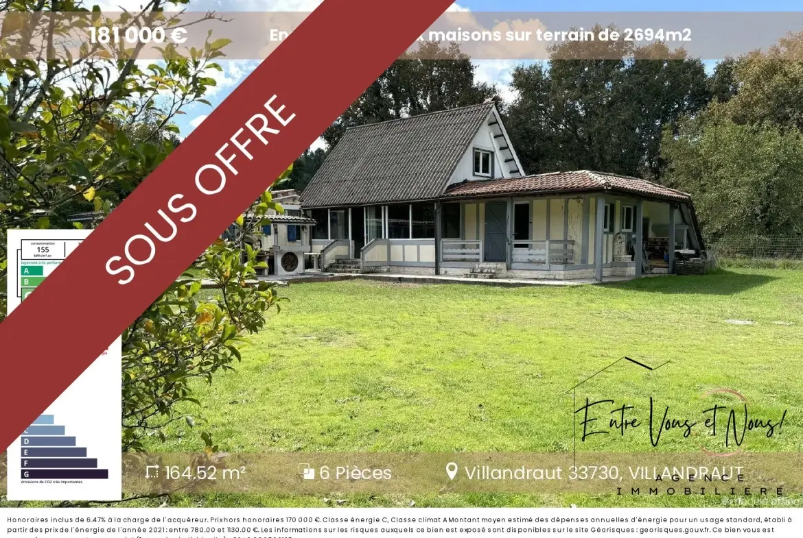 Ensemble de deux maisons à Bazas avec terrain de 2594m2 – Idéal famille 