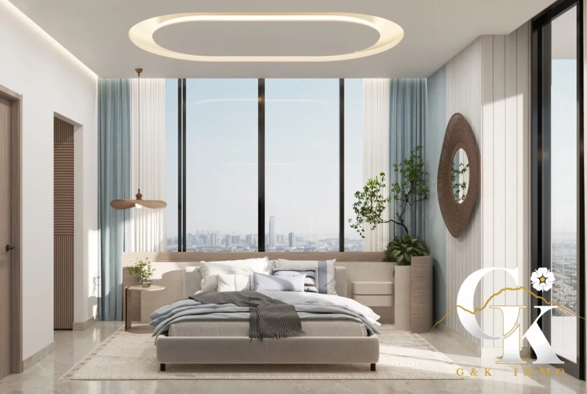Appartement studio de luxe à Dubaï avec vue dégagée, piscine et parking privé 