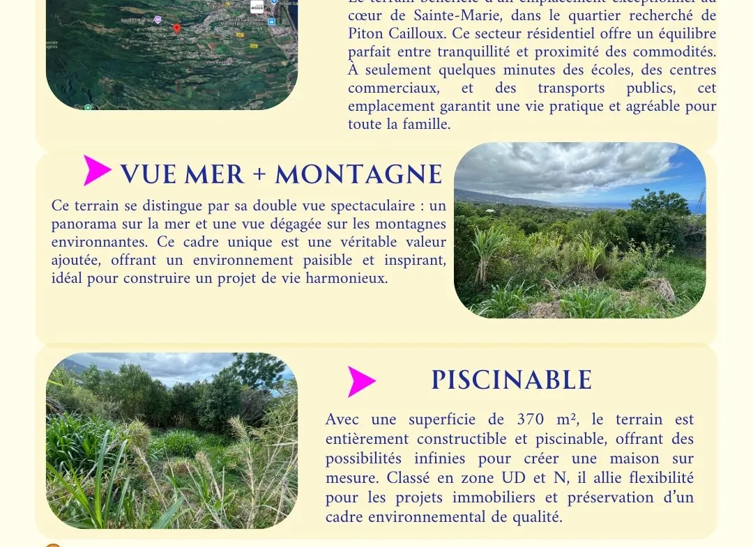 Terrain constructible de 370 m² à Sainte-Marie avec vue panoramique sur mer et montagnes 