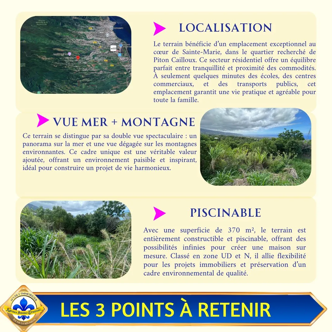 Terrain constructible de 370 m² à Sainte-Marie avec vue panoramique sur mer et montagnes 