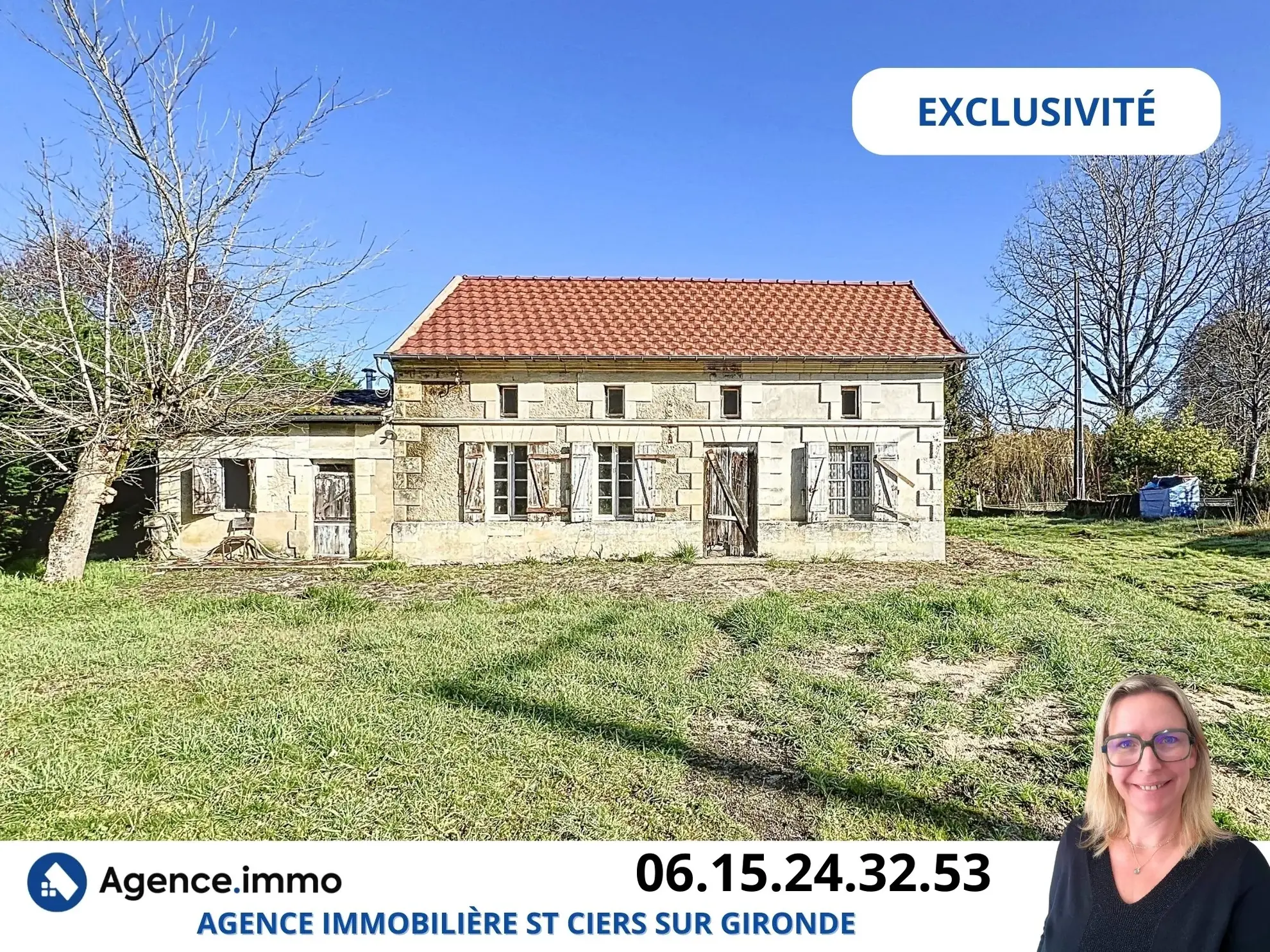 Maison en pierre à rénover à Reignac, cadre bucolique et grand terrain arboré 