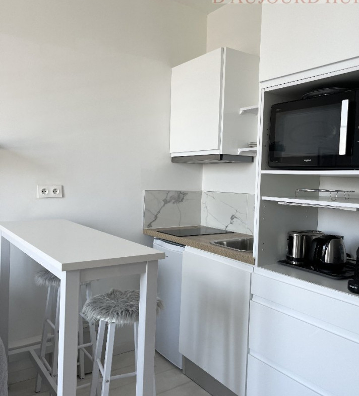 Studio rénové de 21 m² à Blonville-sur-Mer avec vue mer, cuisine équipée, vendu meublé, idéal investissement ou pied-à-terre.