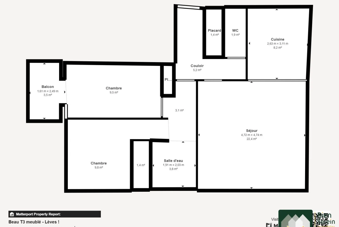 Appartement T3 meublé avec balcon à Lèves - Idéal achat ou investissement 