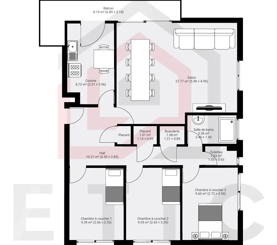 Appartement 82,5 m² à Bron, 3 chambres, balcon, calme, proche commodités 