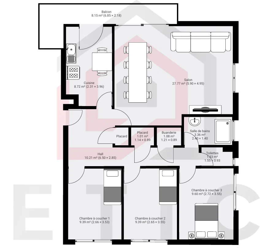 Appartement 82,5 m² à Bron, 3 chambres, balcon, calme, proche commodités 