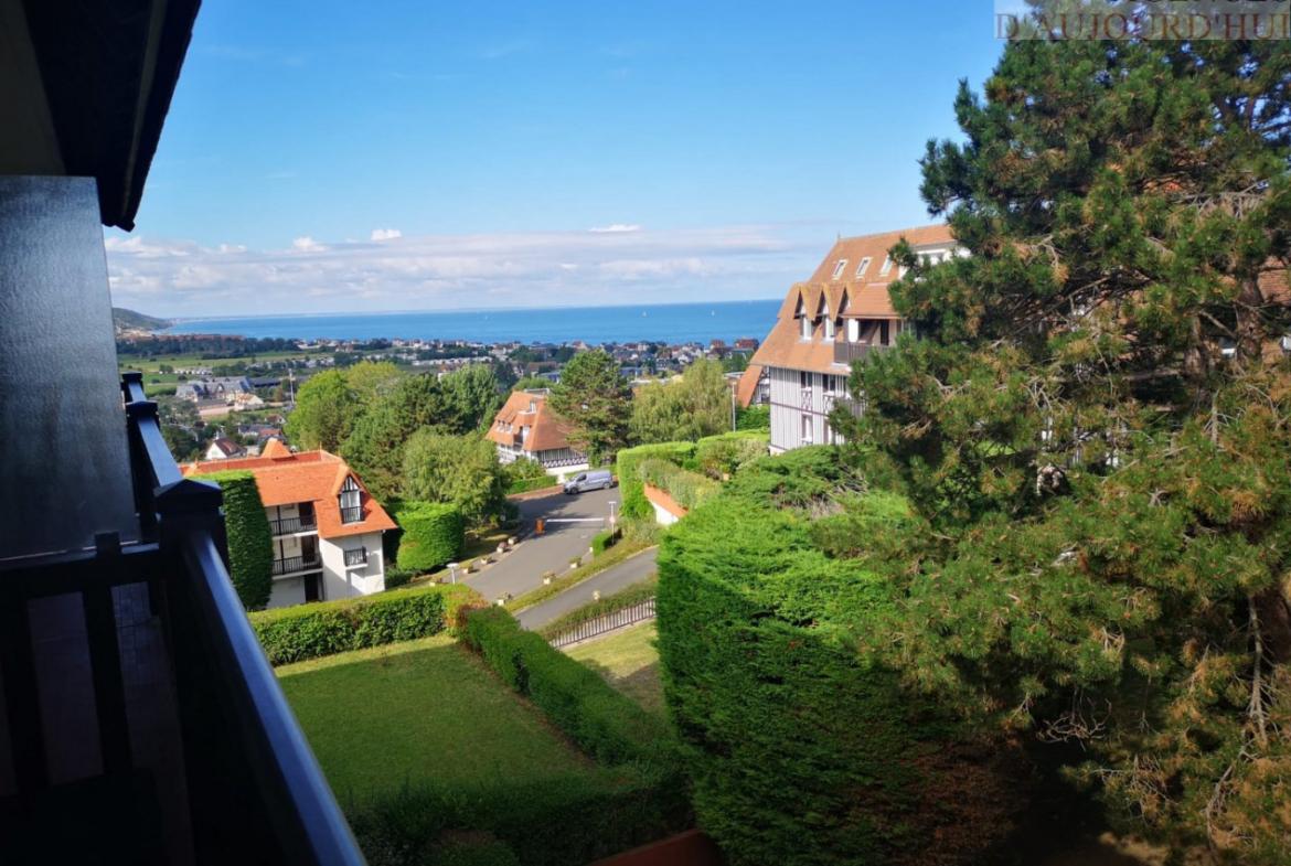 Studio rénové de 26 m² à Blonville-sur-Mer avec 3 terrasses, vue mer panoramique, cave et parking sécurisé.