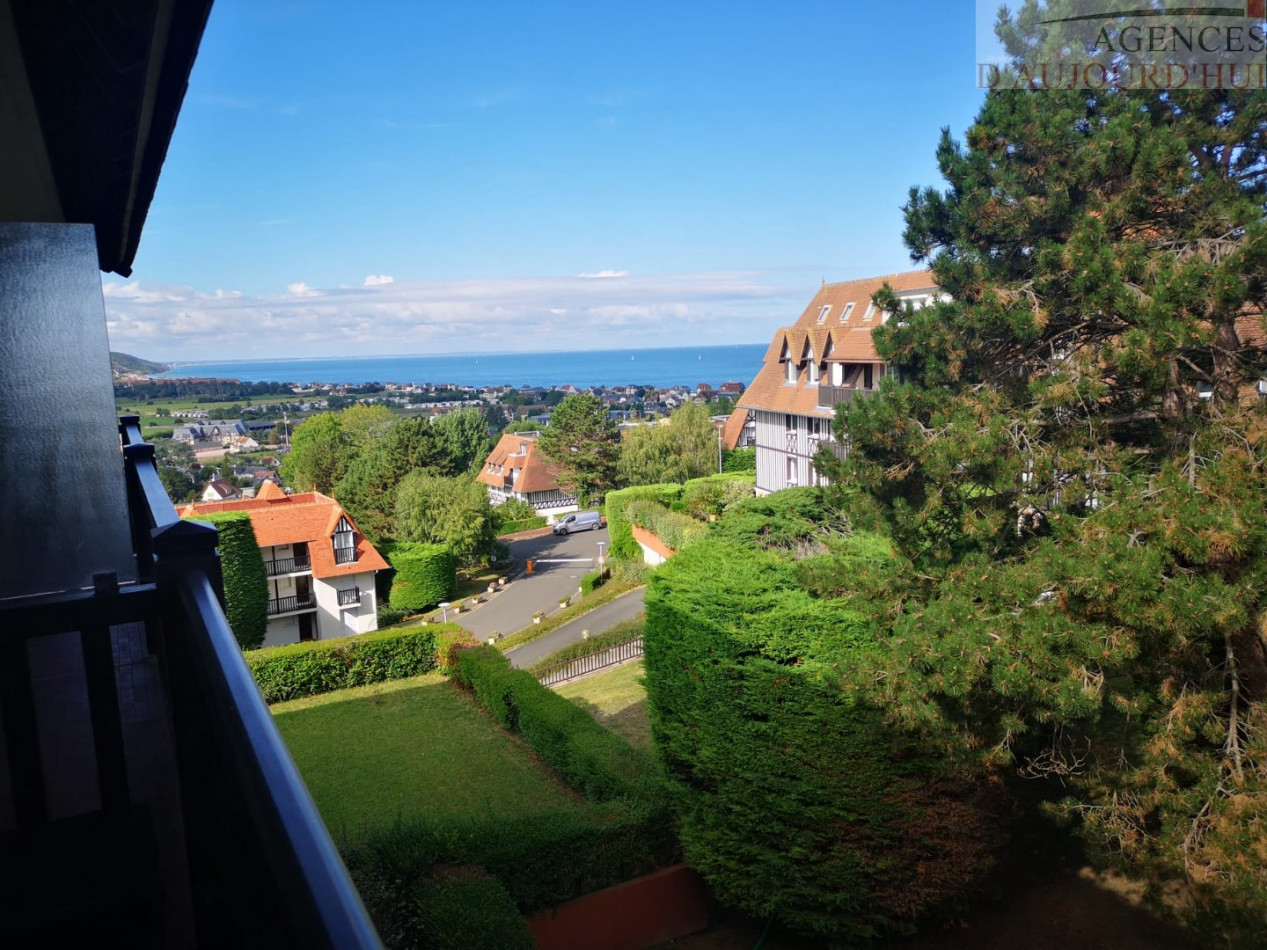 Studio rénové de 26 m² à Blonville-sur-Mer avec 3 terrasses, vue mer panoramique, cave et parking sécurisé.