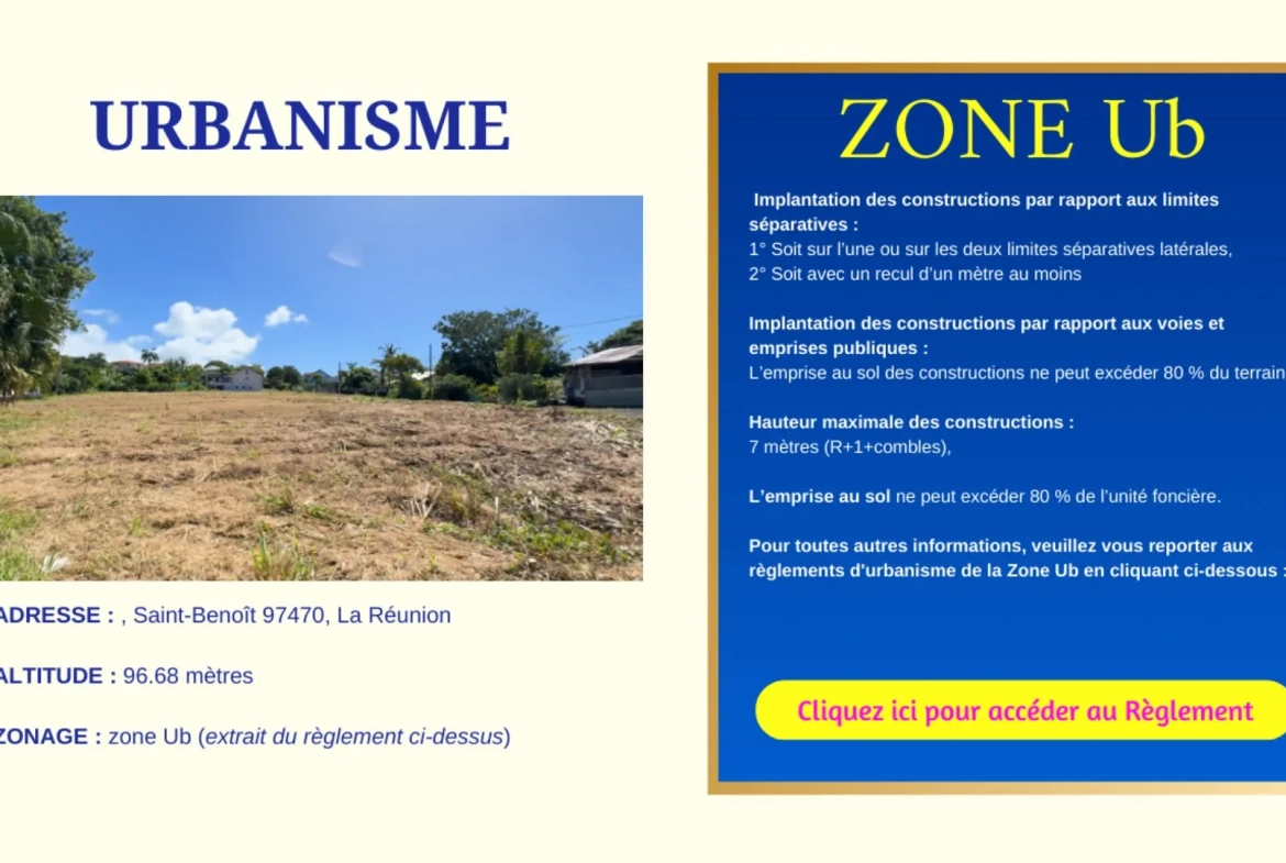 Terrain constructible plat à Saint-Benoît, secteur Bras Mussard, zone UB 