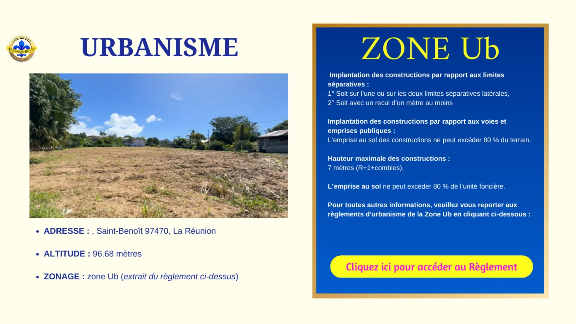 Terrain constructible plat à Saint-Benoît, secteur Bras Mussard, zone UB 