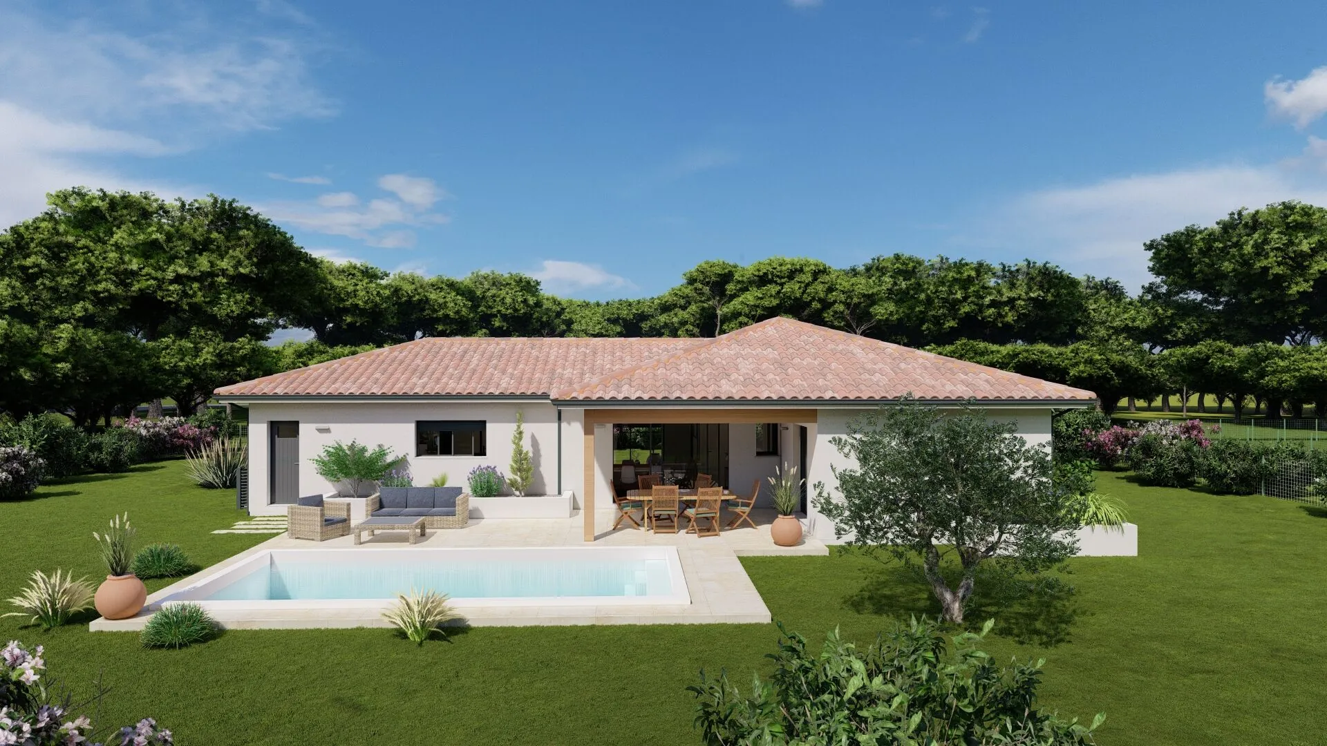 Maison neuve 3 chambres avec terrasse couverte et garage à Mezos 