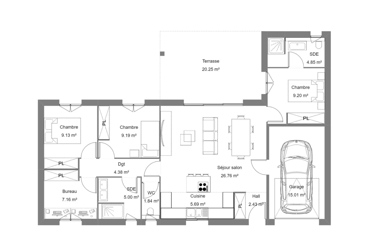 Maison neuve à Pontonx-sur-l'Adour de 85 m² proche commodités et terrasse ensoleillée 