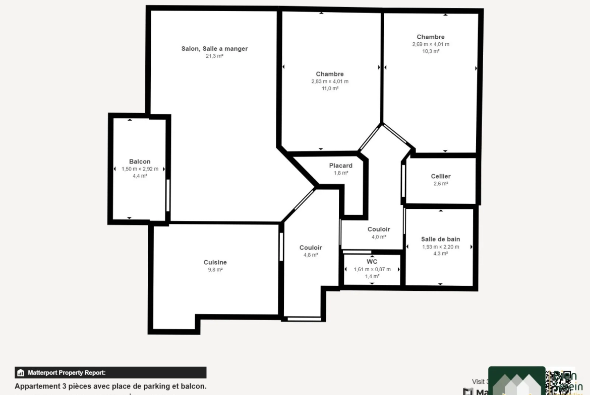 Appartement T3 lumineux avec balcon à Chartres - 72,92 m² 
