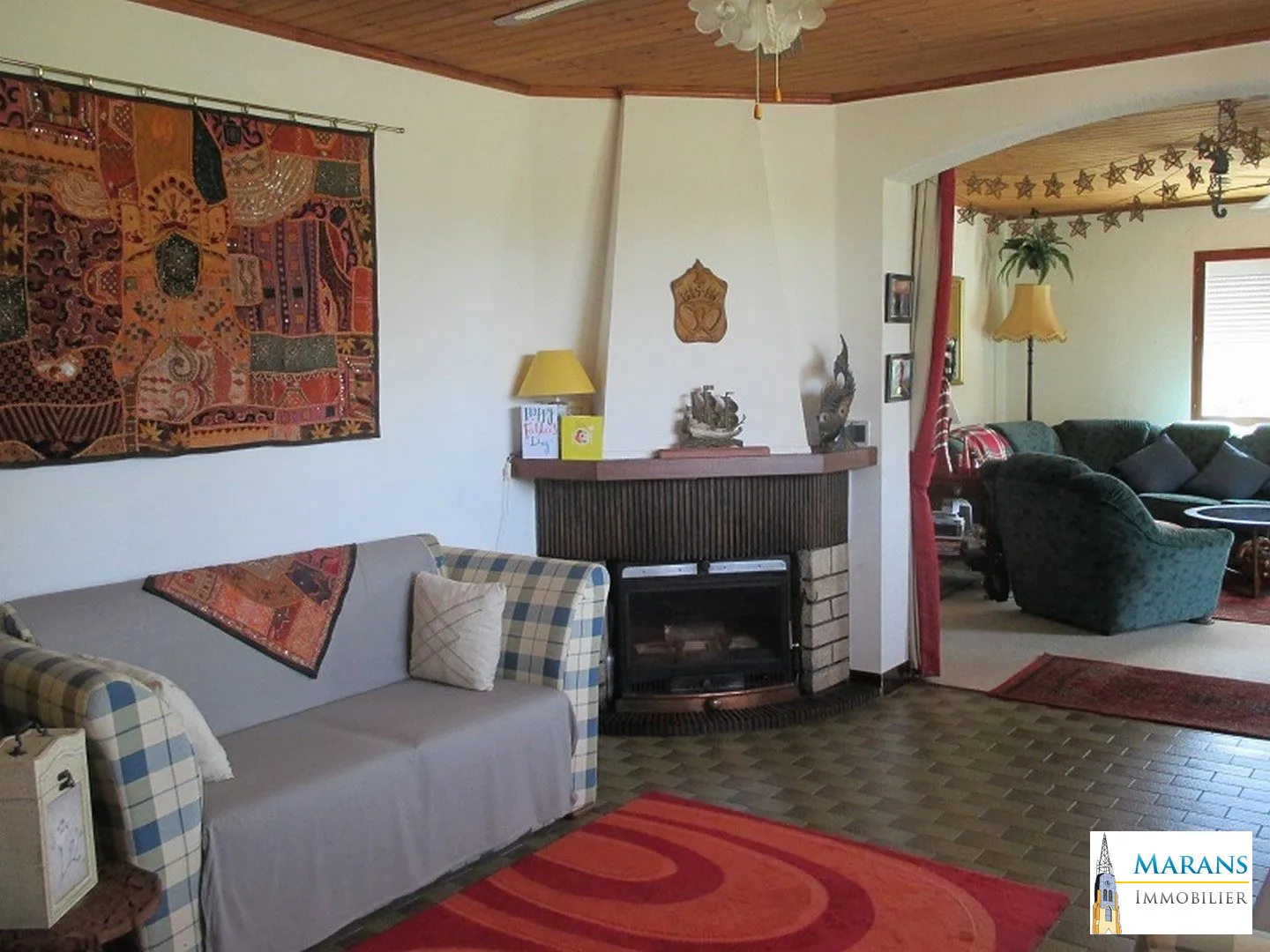 Double salon/Séjour cheminée insert et poêle à bois Vente d’un ensemble immobilier de deux maisons avec piscine à Sableau 