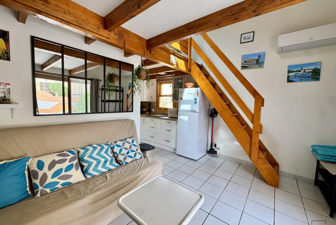 Pavillon 2 pièces avec mezzanine, vue mer, piscine, Narbonne-Plage 