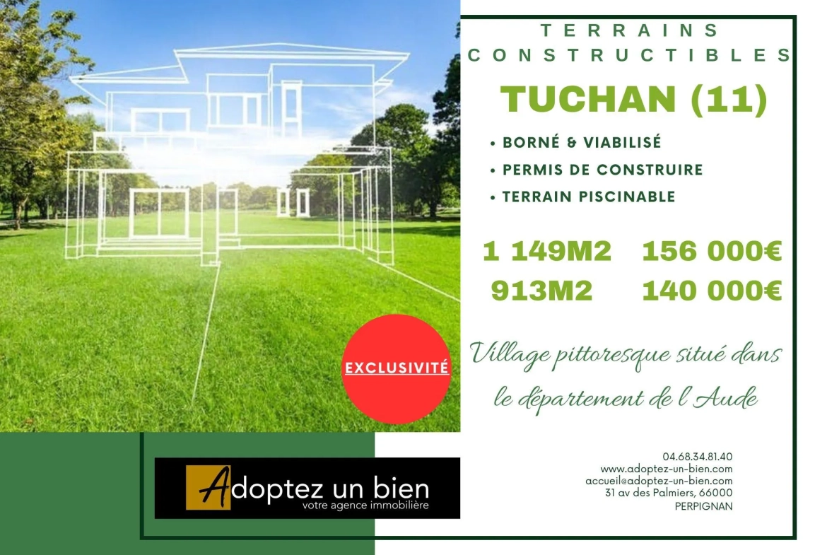 Terrain constructible à Tuchan - 913 m² à vendre pour 140 000 € 