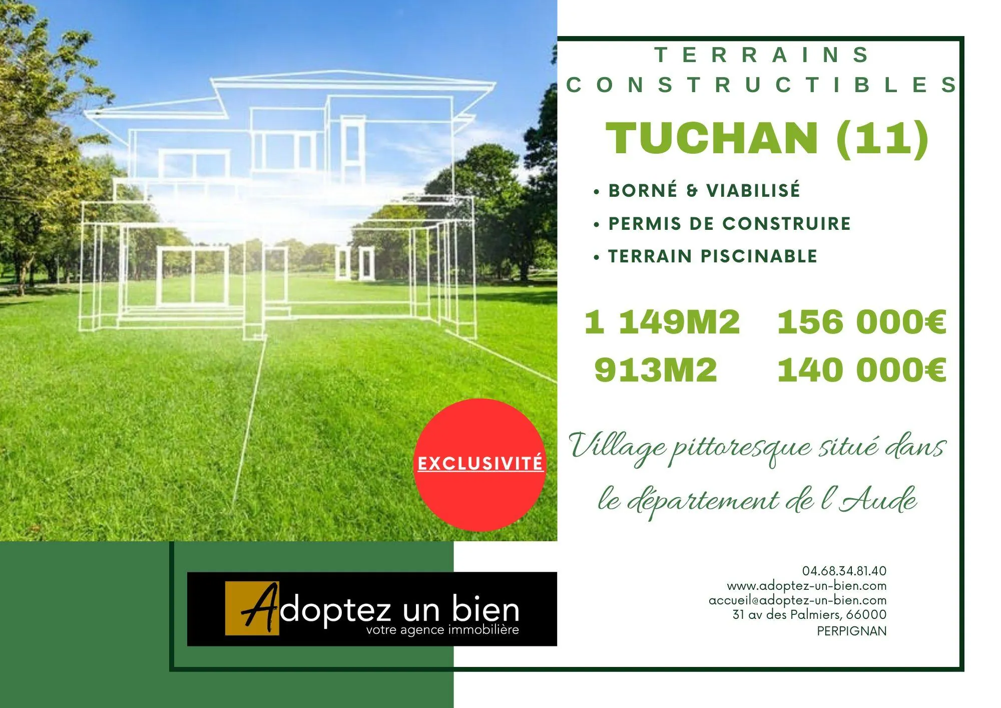 Terrain constructible à Tuchan - 913 m² à vendre pour 140 000 € 