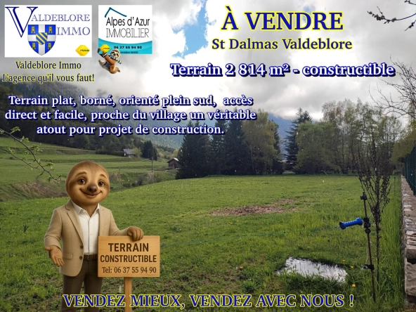 Terrain constructible de 2 814 m² à Saint-Dalmas de Valdeblore avec belle vue montagne