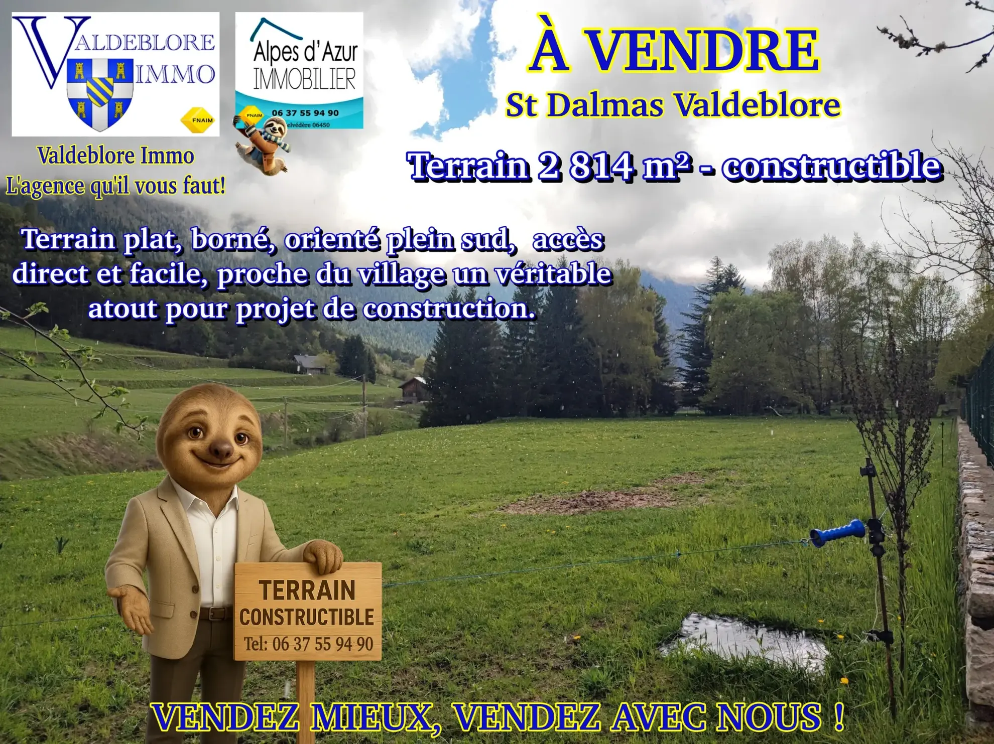 Terrain constructible de 2 814 m² à Saint-Dalmas de Valdeblore avec belle vue montagne 