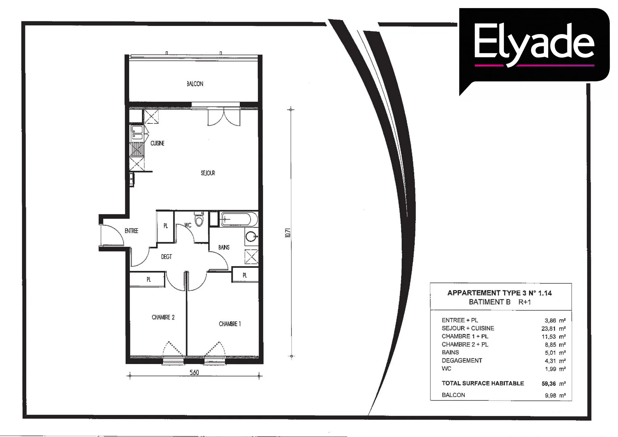 A vendre appartement T3 lumineux de 59,36m² à Villenave-d'Ornon avec parking 