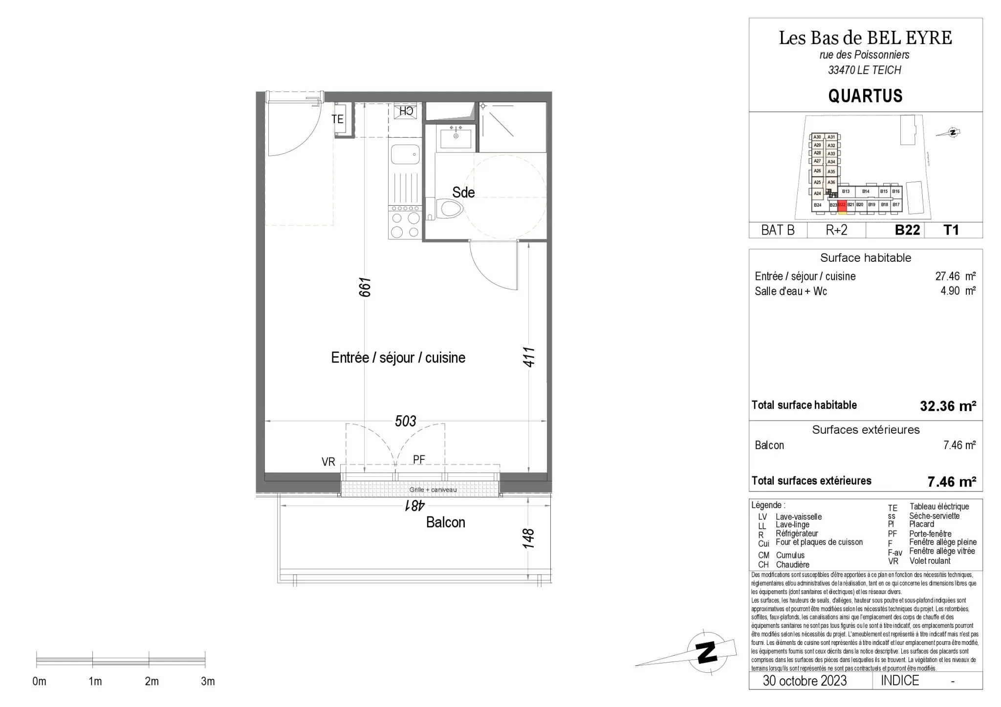 Appartement neuf T1 de 32 m² avec balcon et parking au Teich, livraison 2026 