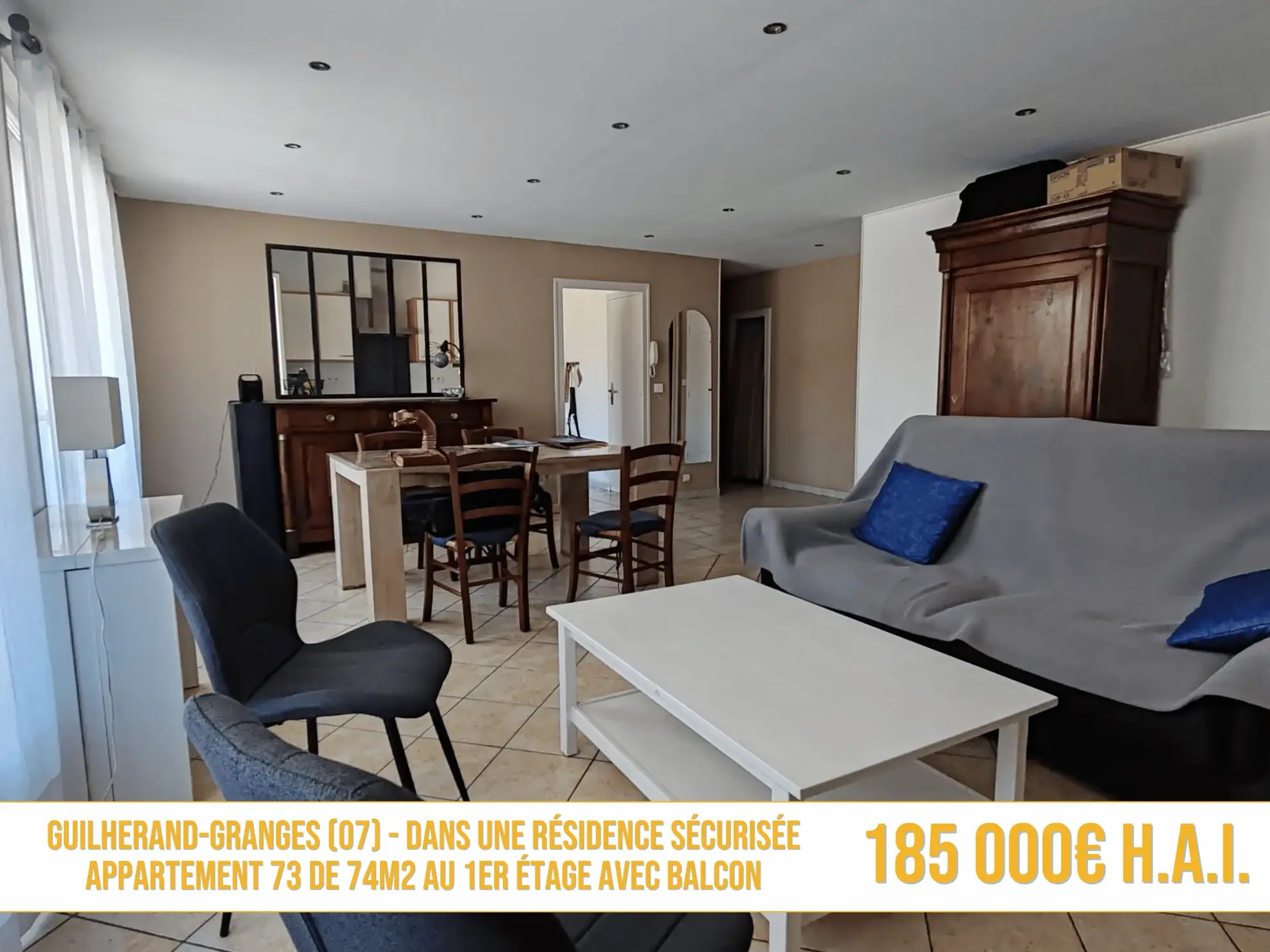 Appartement T3 lumineux de 74m² avec balcon, cave et garage à Guilherand-Granges