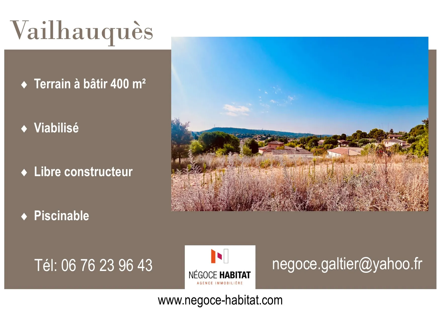 Terrain constructible de 400m² à Vailhauques, vue collines, proche Montpellier