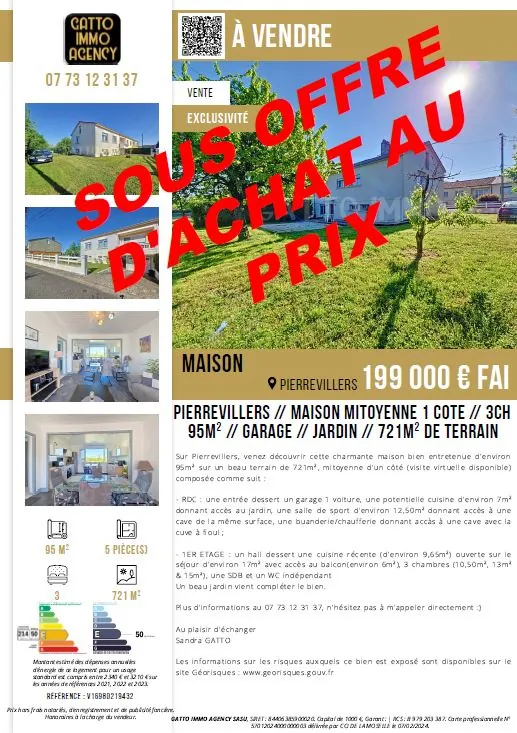 Maison mitoyenne de 95m² avec jardin et garage à Pierrevillers - Sous offre d'achat