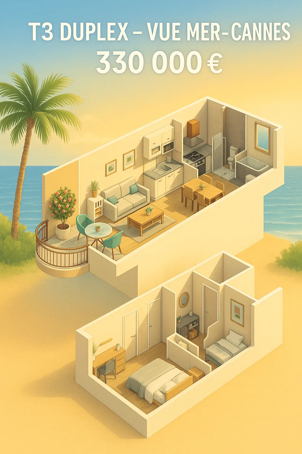 Magnifique appartement duplex T3 avec vue panoramique sur la mer à Cannes 