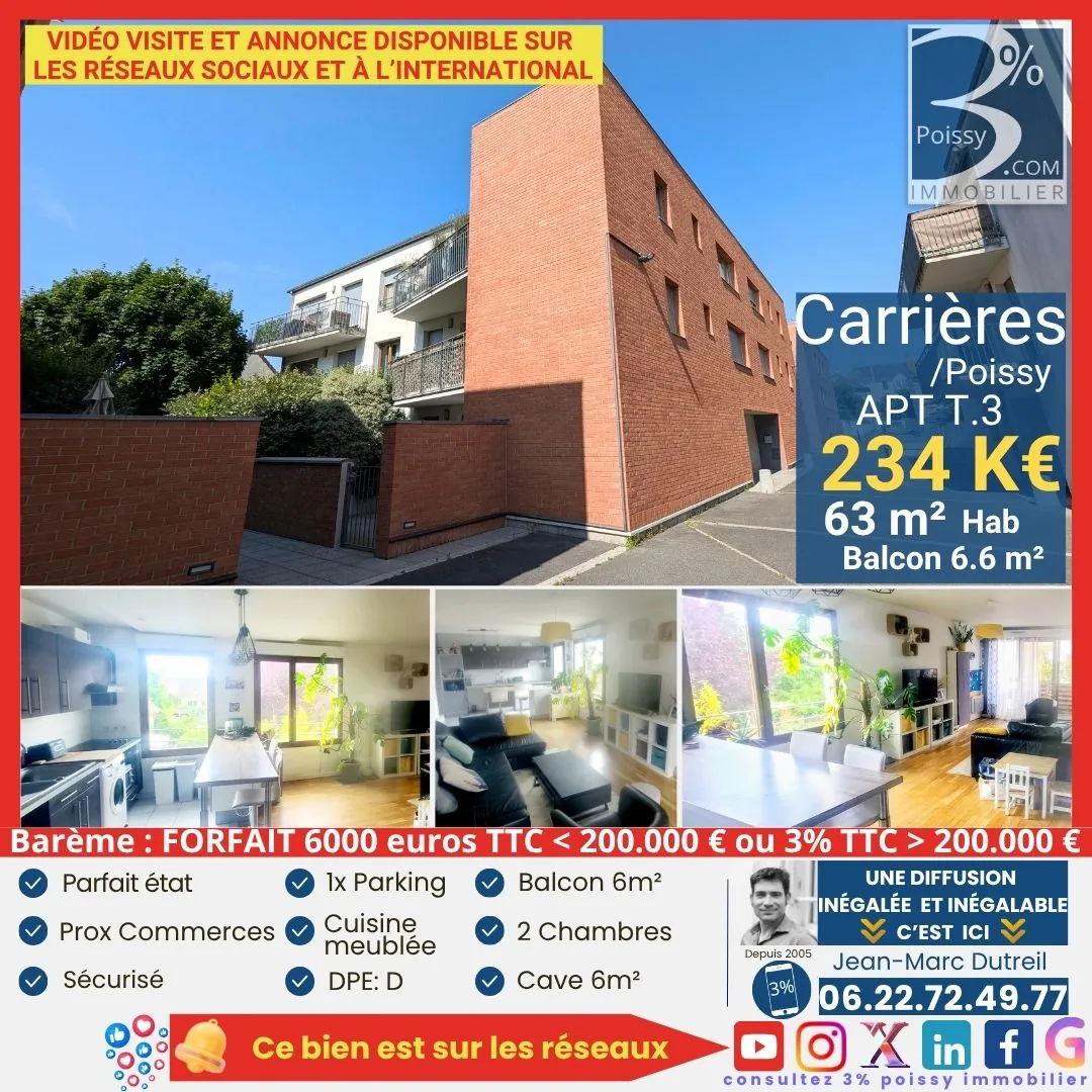 Appartement 3 pièces de 63 m² avec balcon, parking à Carrieres sous Poissy