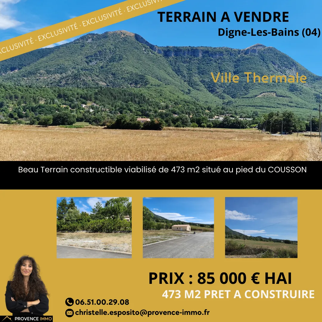 Terrain constructible de 473 m² à Digne-les-Bains – Lotissement résidentiel, vue sur la montagne