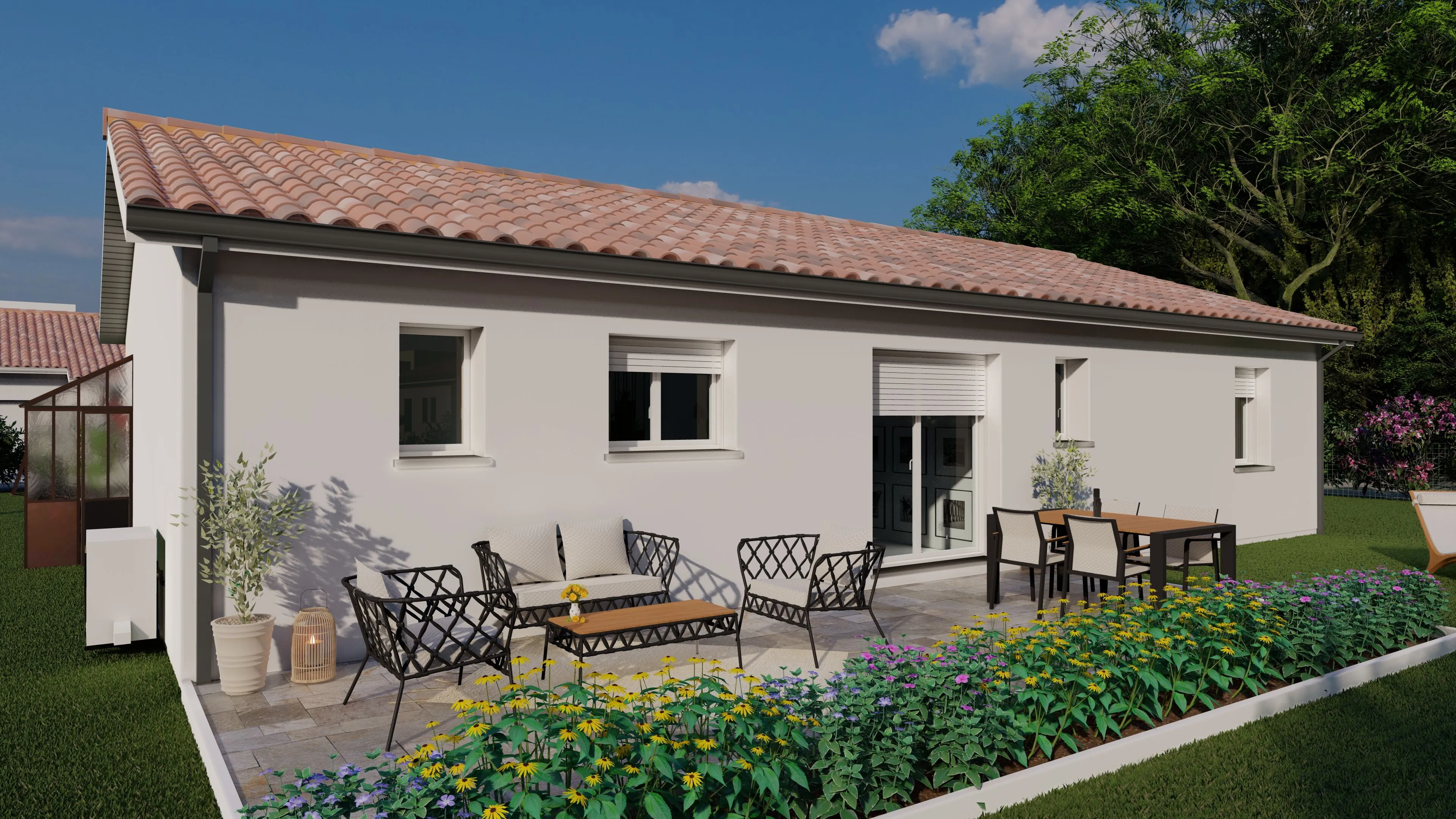 Maison neuve 3 chambres avec garage et grande pièce de vie ensoleillée à Léguillac-de-l'Auche 