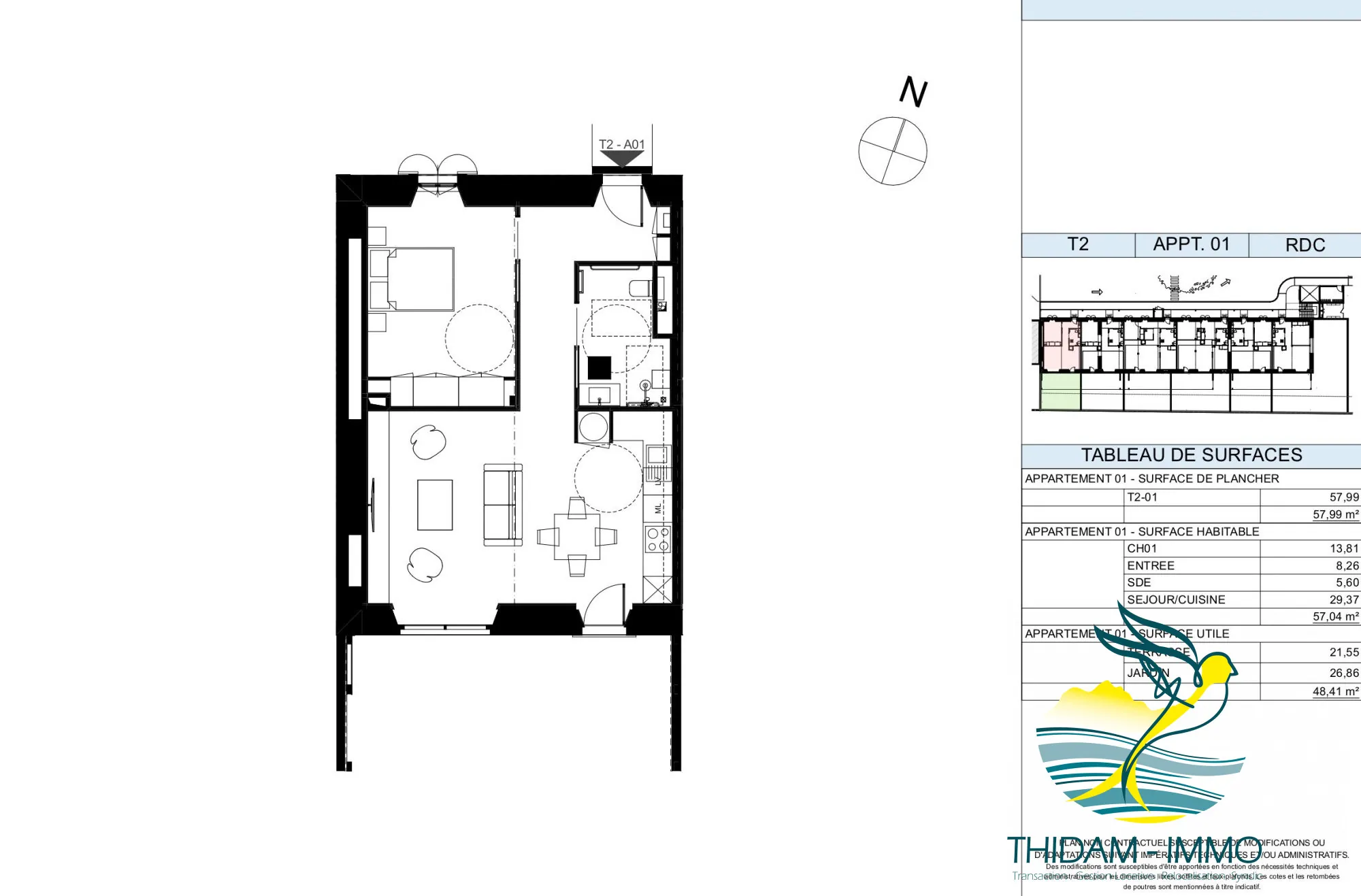 Plan intérieur Appartement T2 en rez-de-jardin avec terrasse et jardin à Coarraze 
