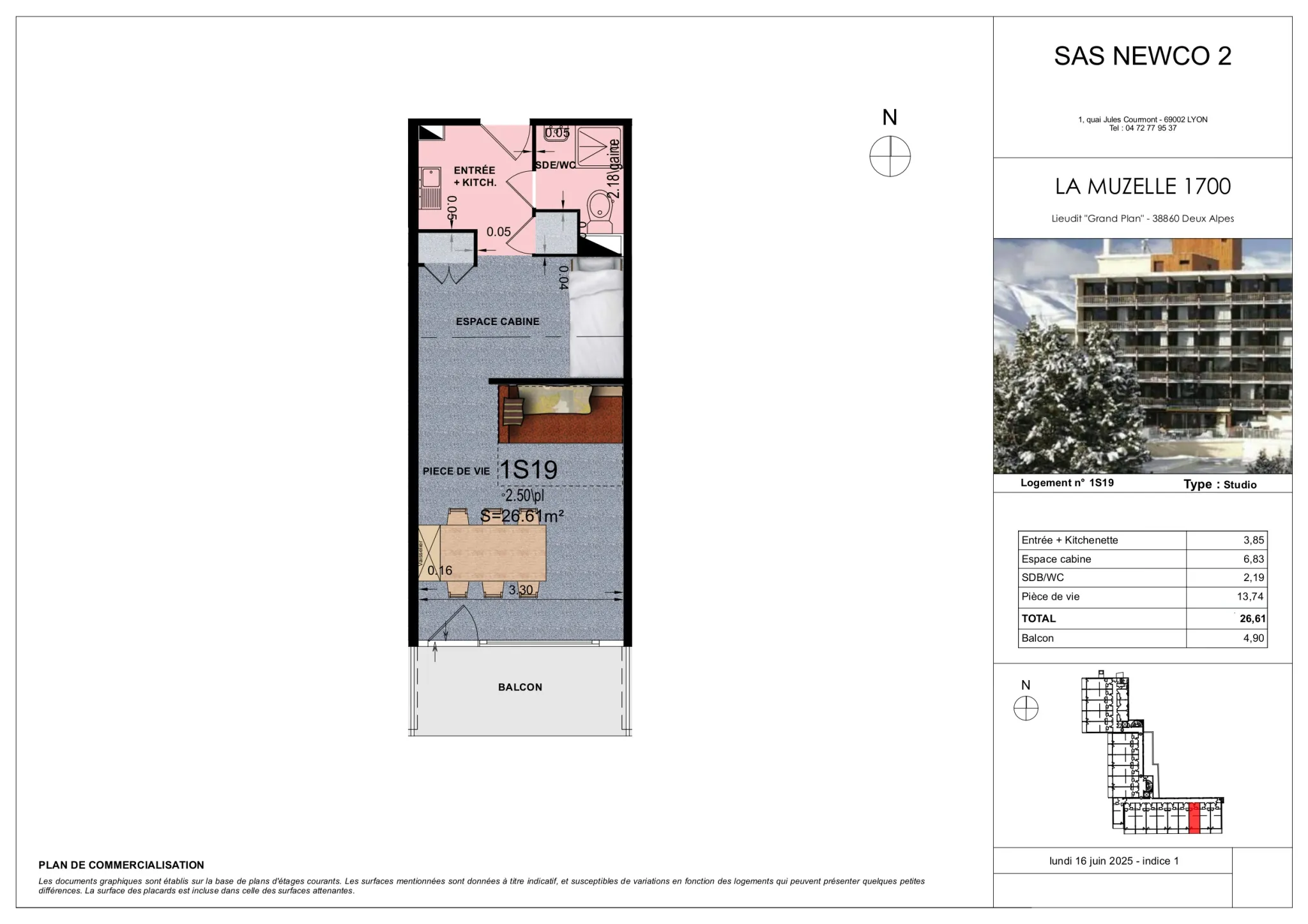 Studio lumineux de 26,55 m² avec balcon aux Deux Alpes, proche des pistes 