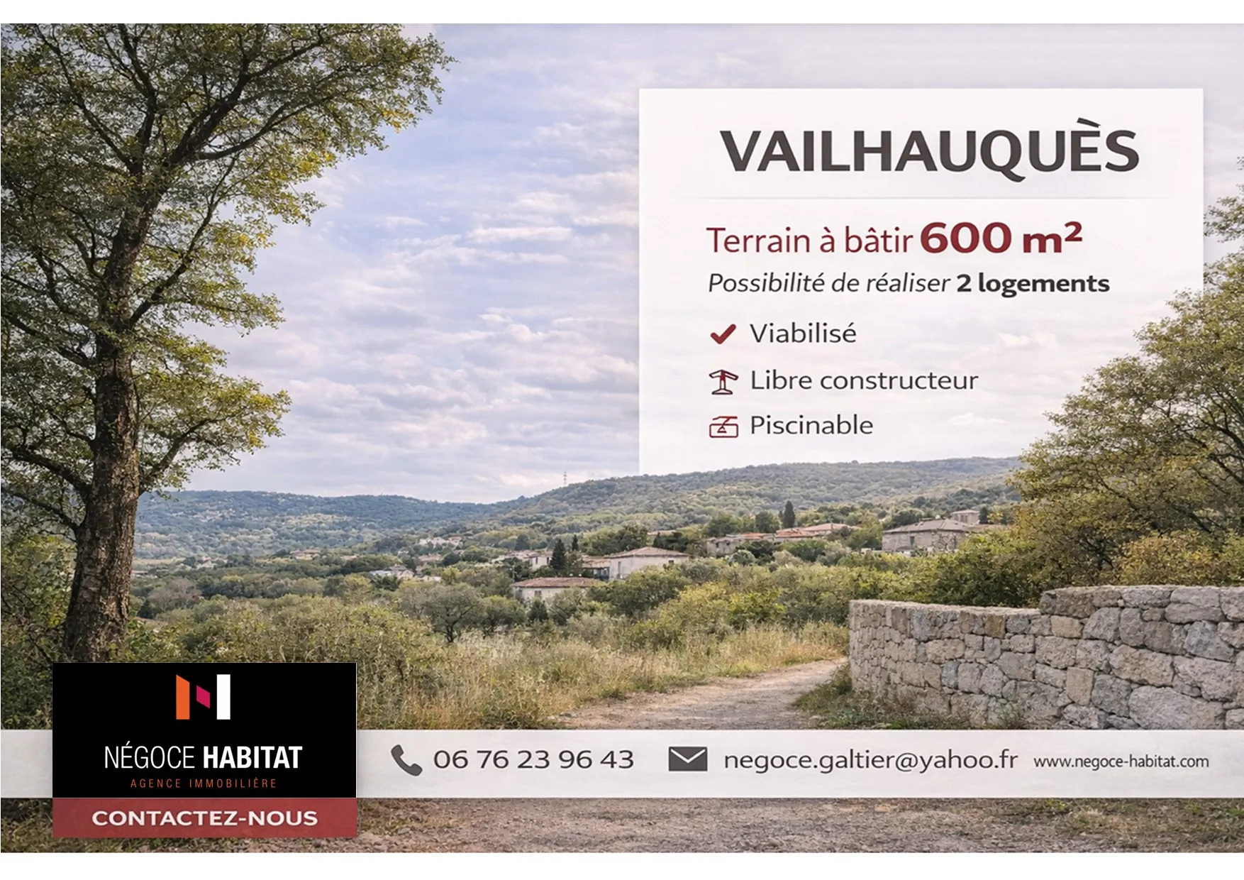 Terrain à bâtir de 600 m² à Vailhauques, vue sur les collines, proche Montpellier