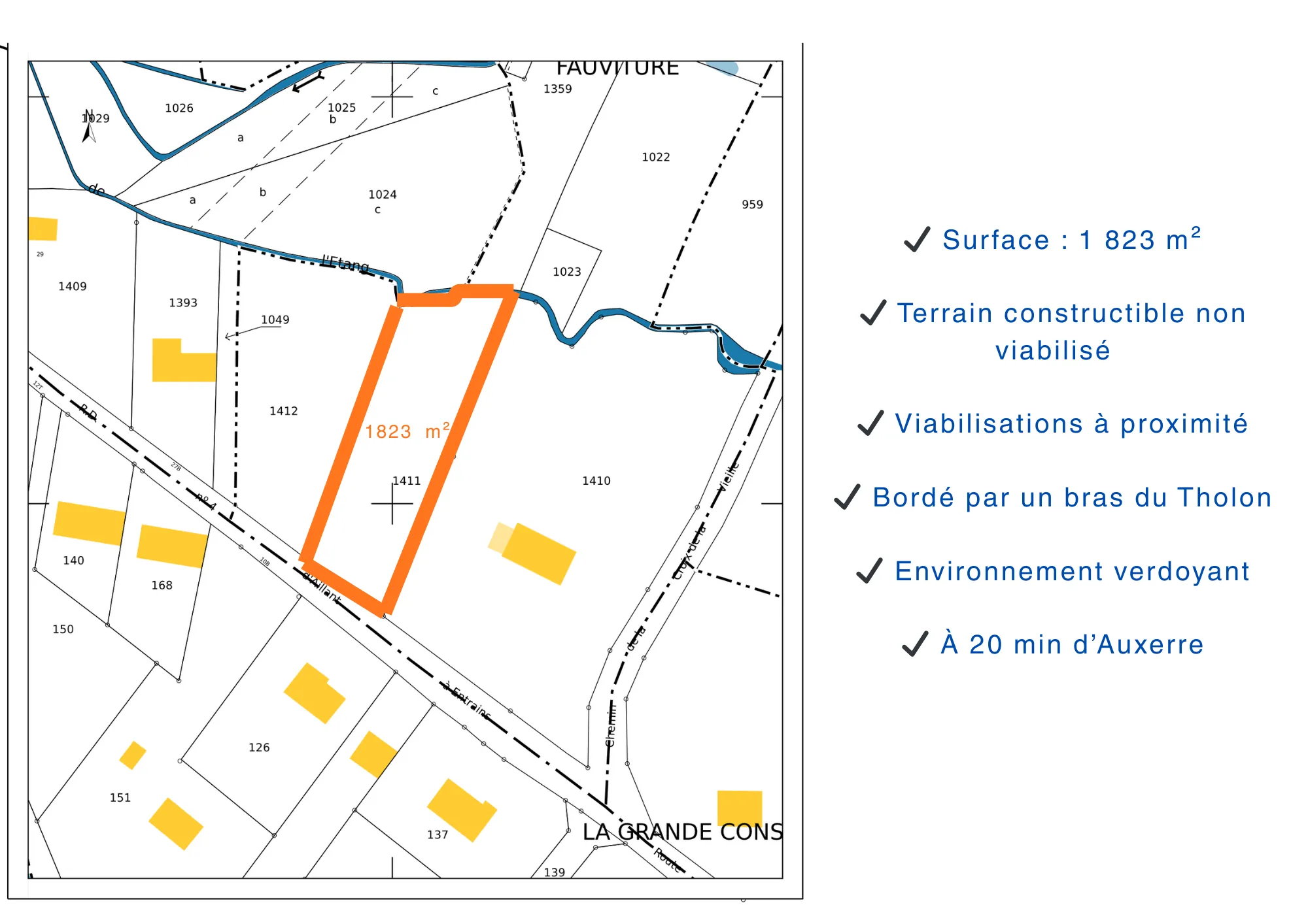 Terrain constructible non viabilisé de 1823 m² à Beauvoir (89240)