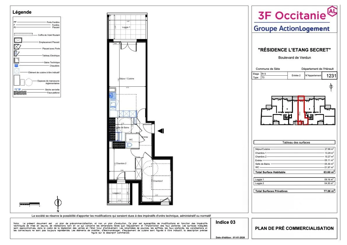 Appartement neuf de 63,60 m² avec terrasse et parking à Sète 