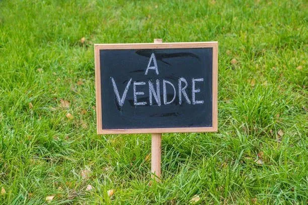 blackboard with text in french 'for sale' on a grass Terrain constructible à vendre à Mésanger, superficie 440 m², proche accès autoroute et commerces