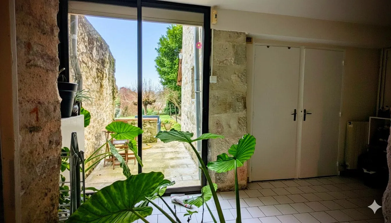 baie vitrée cuisine vers terrasse Maison en pierre T5 de 125 m² avec jardin et terrasse à Astaffort