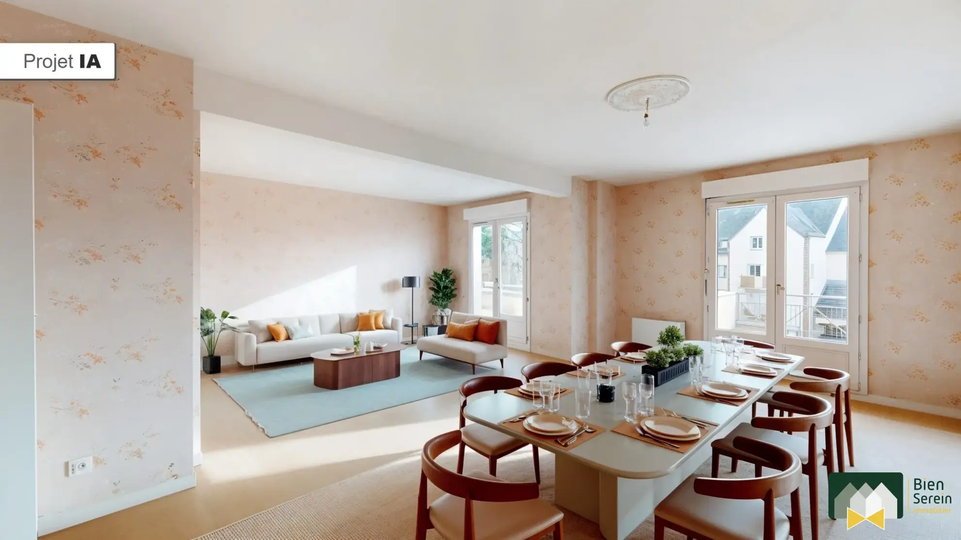 Projection pièce de vie  À vendre appartement T3 lumineux de 83,58 m² avec balcon et garage à Léves 