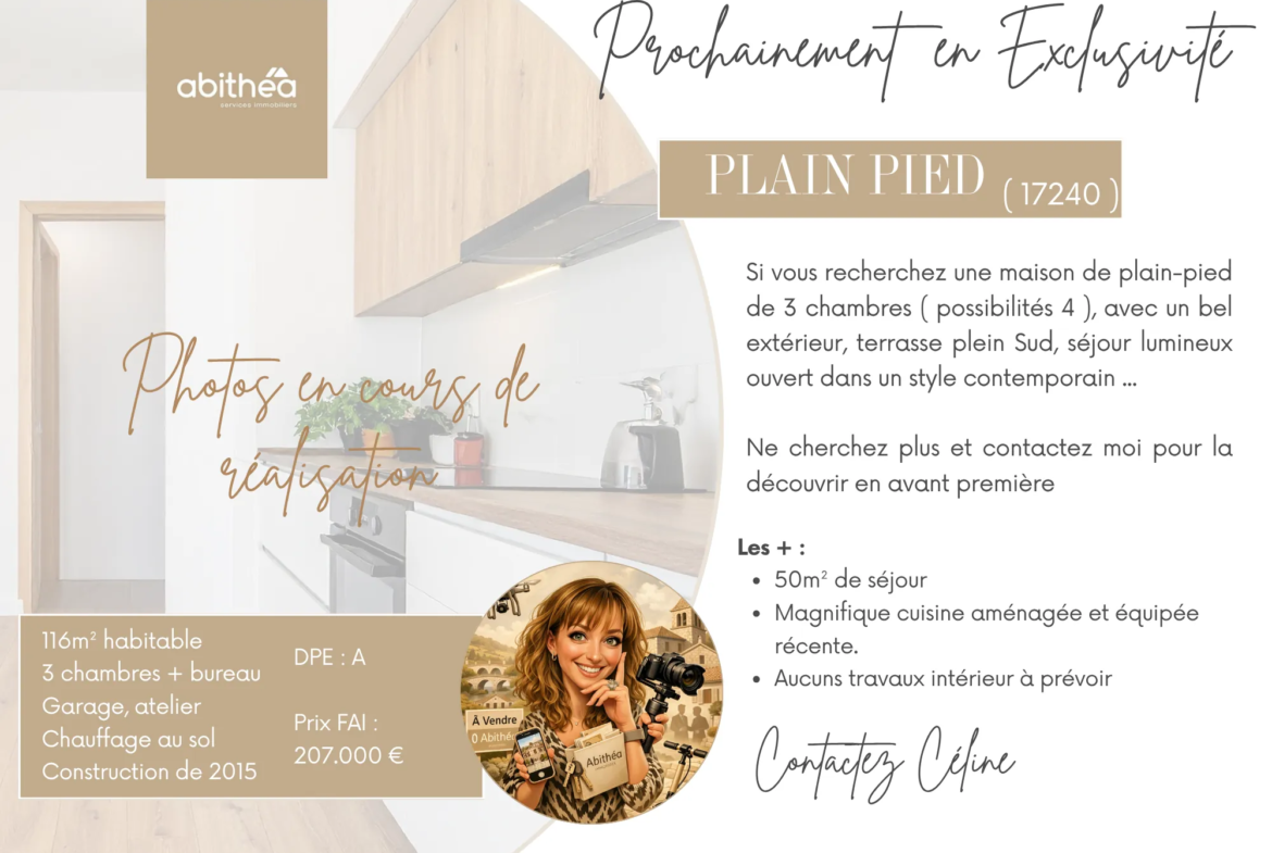 Maison moderne de plain-pied à Plassac en vente avec garage et terrain clos 