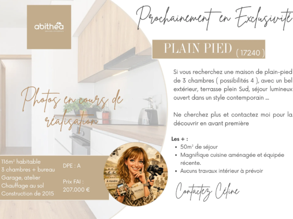 Maison moderne de plain-pied à Plassac en vente avec garage et terrain clos