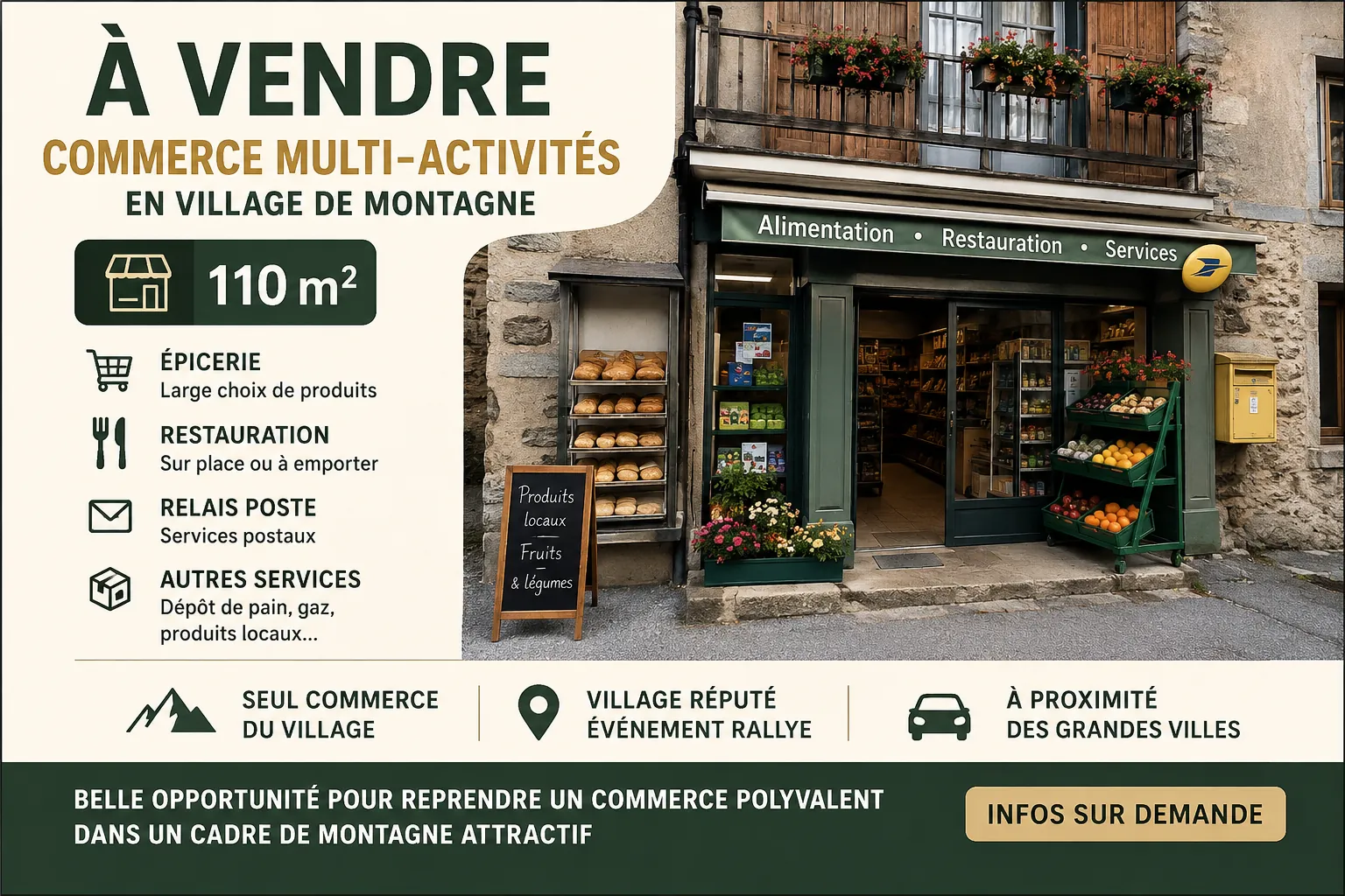 Fonds de commerce à vendre en village de montagne au Vigan 30120