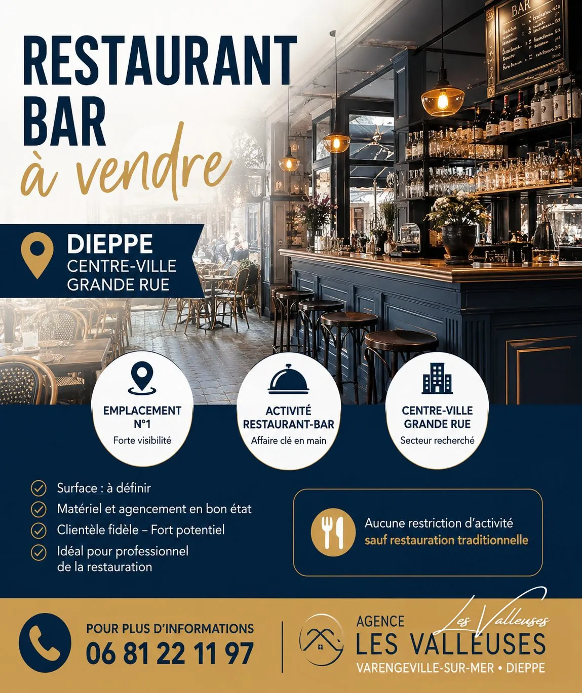 Fonds de commerce pour restaurant à vendre à Dieppe en rue piétonne
